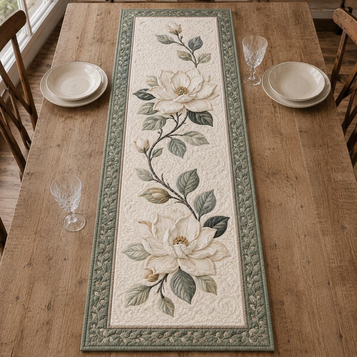 Magnolia Table Runner with Quilt Style Floral Table Decor and Elegant Botanical Flower for Cottage Farmhouse Dining - photo 2