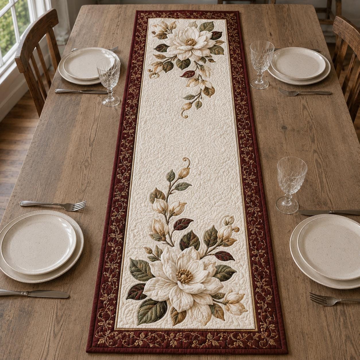 Magnolia Table Runner with Quilt Style Floral Table Decor and Elegant Botanical Flower for Cottage Farmhouse Dining - photo 3
