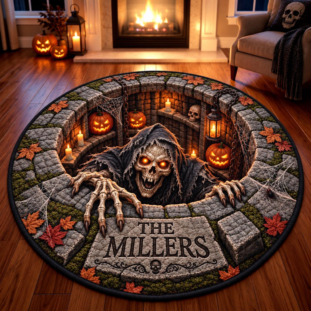 Round Rug with Personalized Grim Reaper Halloween 3D Illusion Haunted Well Floor Mat and Skeleton Quilted Style Spooky Family Name Decor