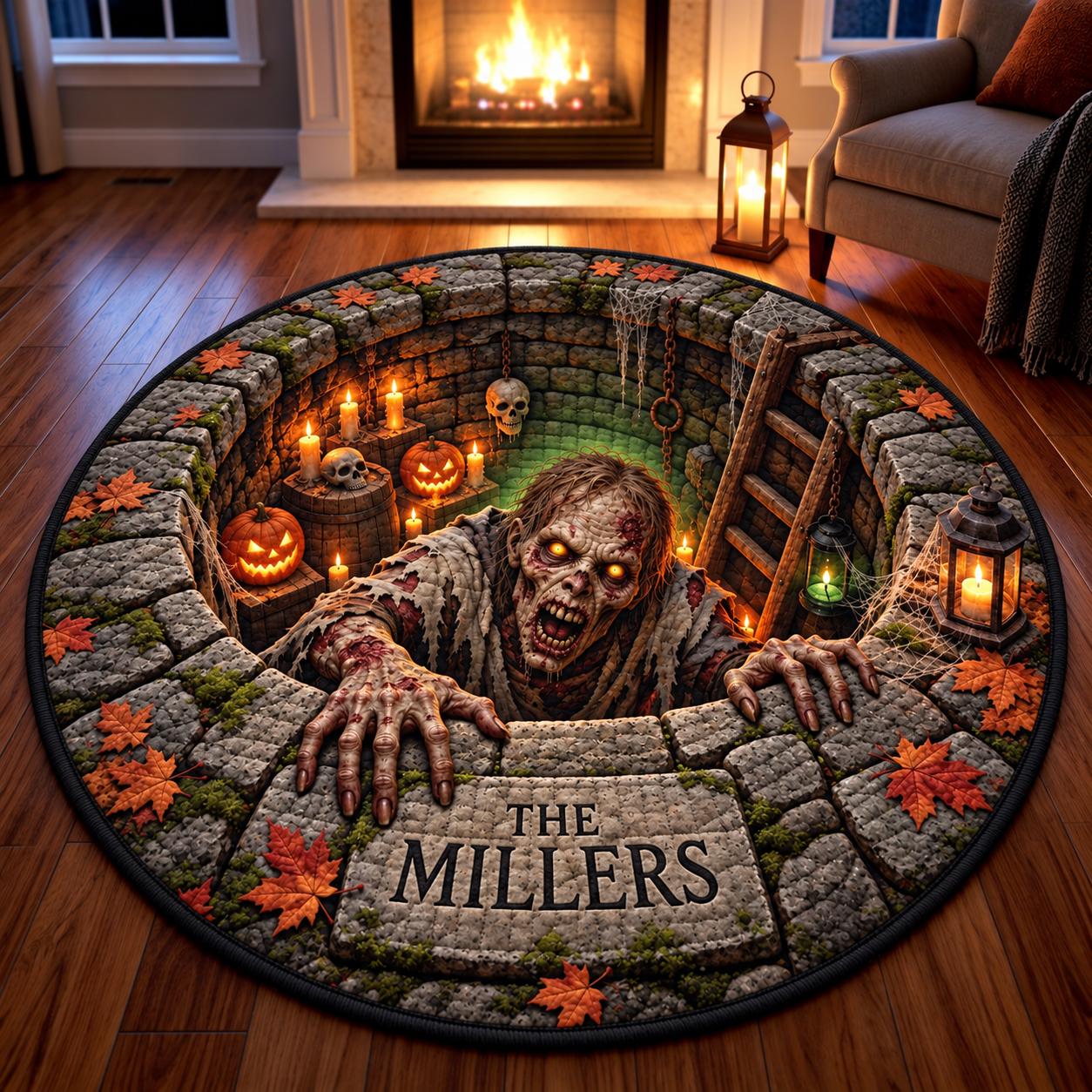 Round Rug with Personalized Grim Reaper Halloween 3D Illusion Haunted Well Floor Mat and Skeleton Quilted Style Spooky Family Name Decor - photo 2