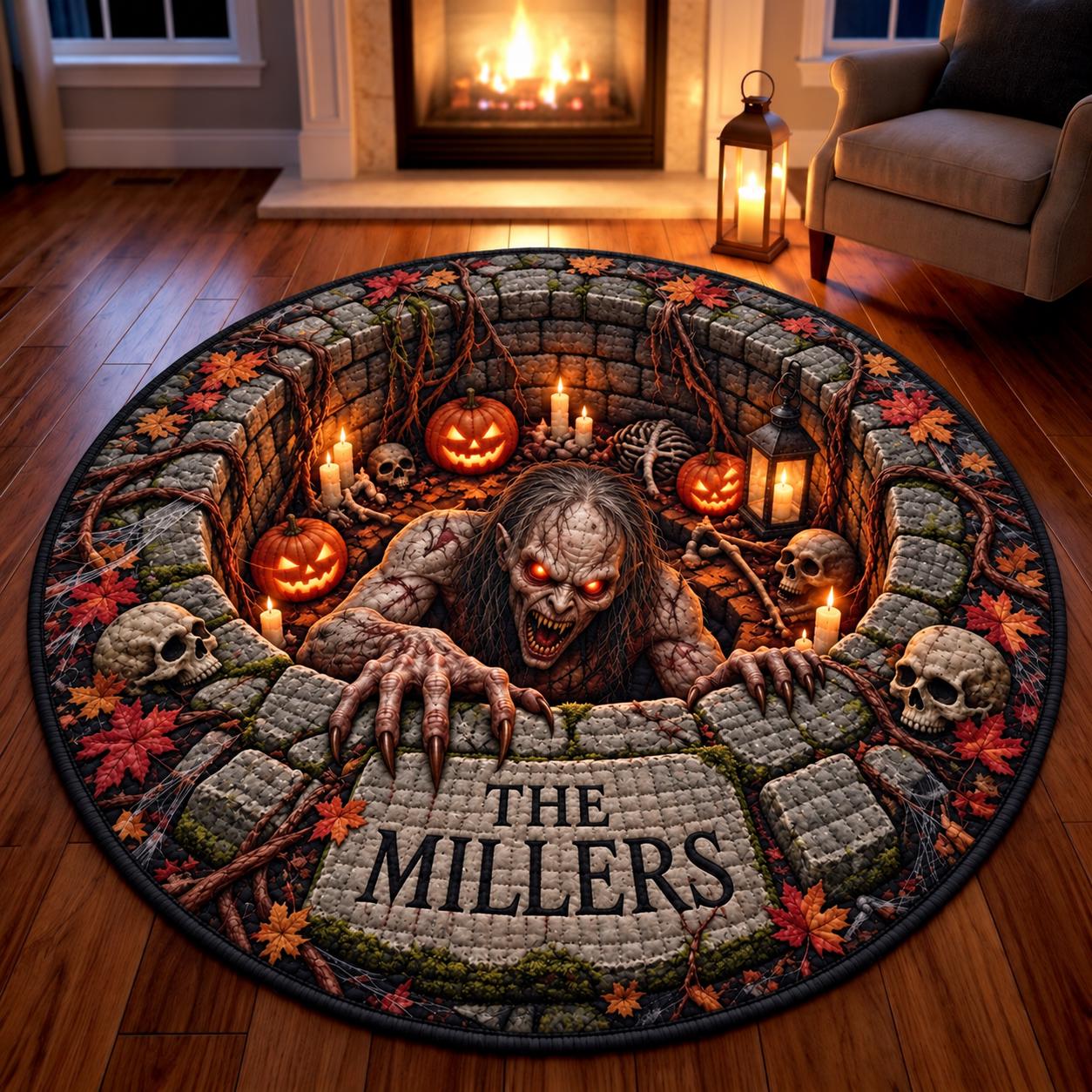 Round Rug with Personalized Grim Reaper Halloween 3D Illusion Haunted Well Floor Mat and Skeleton Quilted Style Spooky Family Name Decor - photo 3