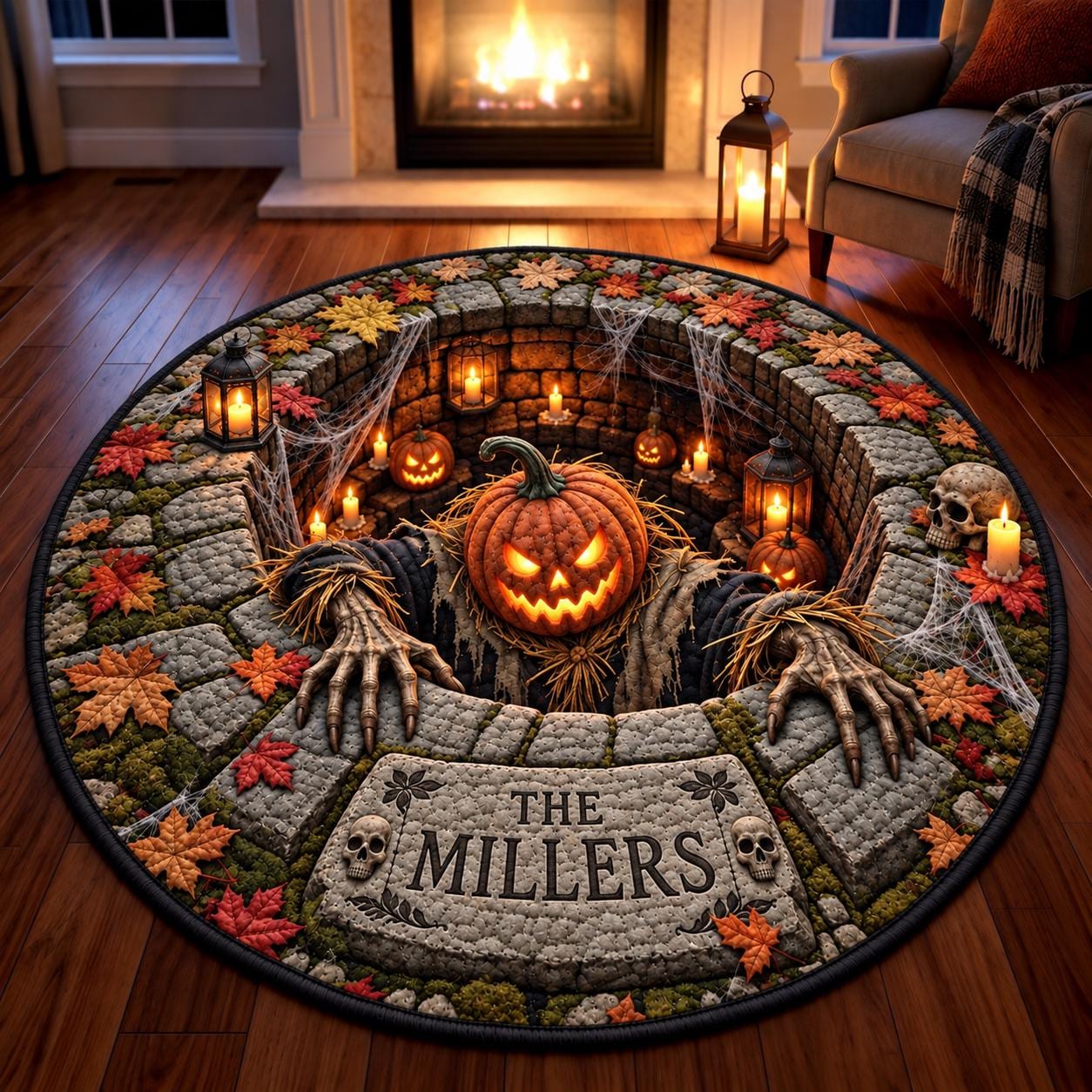 Round Rug with Personalized Grim Reaper Halloween 3D Illusion Haunted Well Floor Mat and Skeleton Quilted Style Spooky Family Name Decor - photo 4
