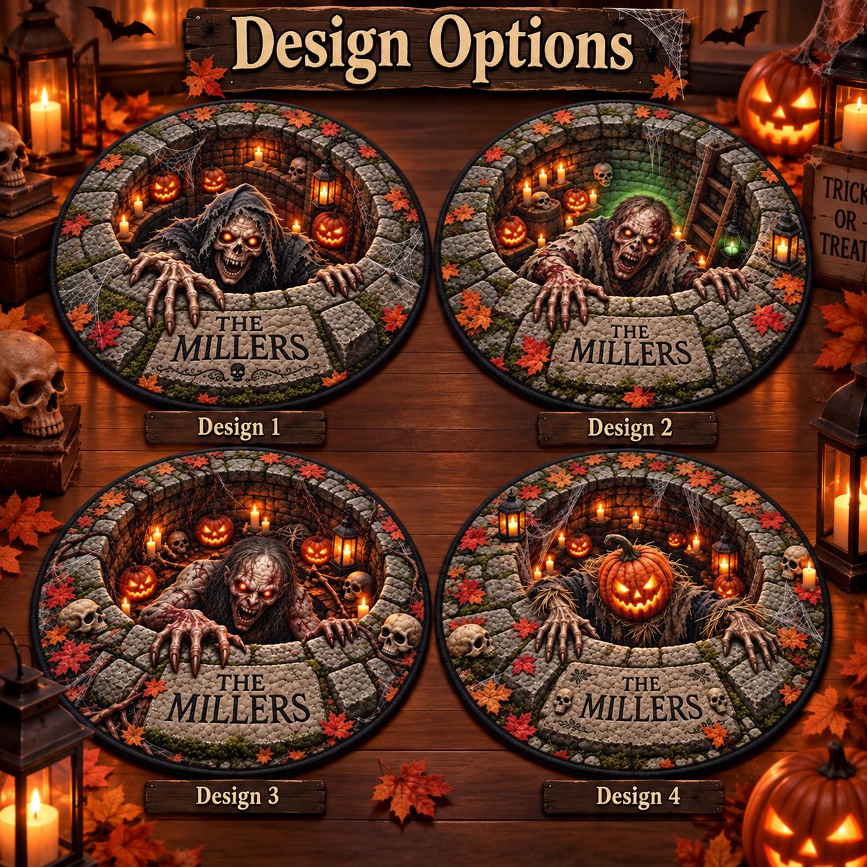 Round Rug with Personalized Grim Reaper Halloween 3D Illusion Haunted Well Floor Mat and Skeleton Quilted Style Spooky Family Name Decor - photo 5