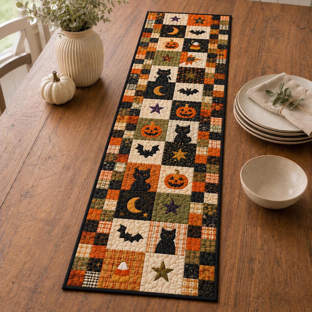 Black Cat Table Runner with Quilt Style Halloween Table Decor and Patchwork Pumpkin, Spooky Fall Dining Room Decor