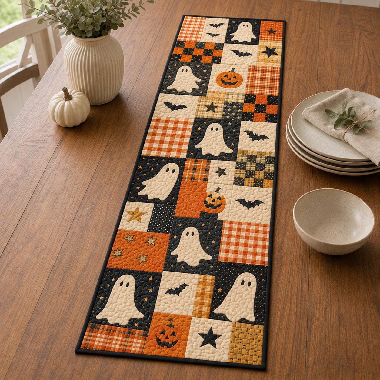 Black Cat Table Runner with Quilt Style Halloween Table Decor and Patchwork Pumpkin, Spooky Fall Dining Room Decor - photo 2