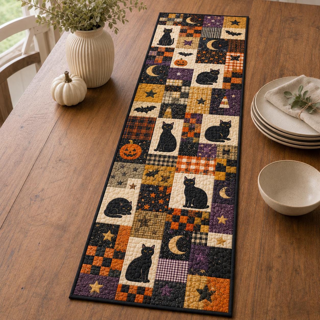 Black Cat Table Runner with Quilt Style Halloween Table Decor and Patchwork Pumpkin, Spooky Fall Dining Room Decor - photo 3