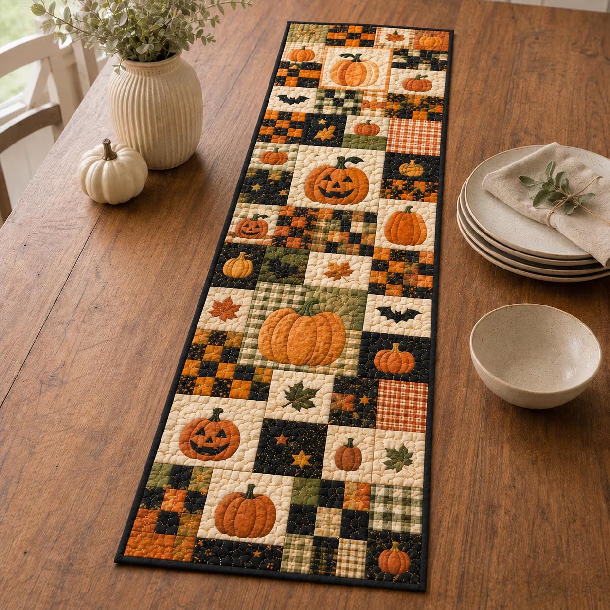 Black Cat Table Runner with Quilt Style Halloween Table Decor and Patchwork Pumpkin, Spooky Fall Dining Room Decor - photo 4