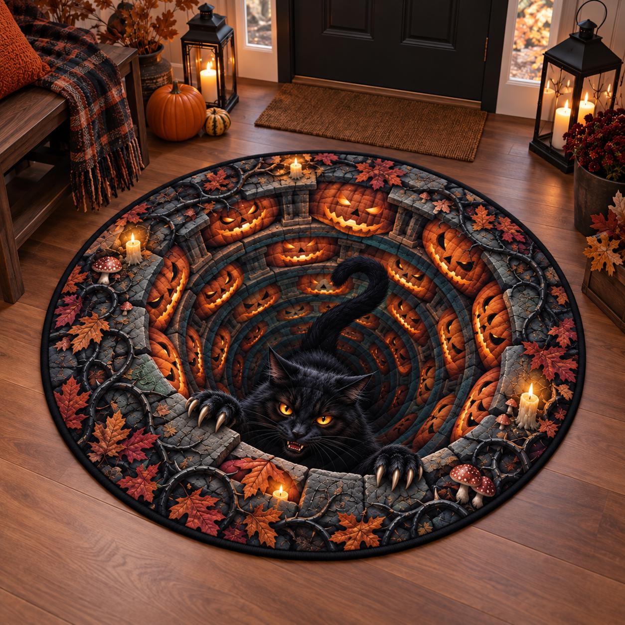 Round Rug with Black Cat Halloween 3D Illusion Witchy Well Floor Mat and Quilted Style for Spooky Autumn Home Decor for Cat Lovers