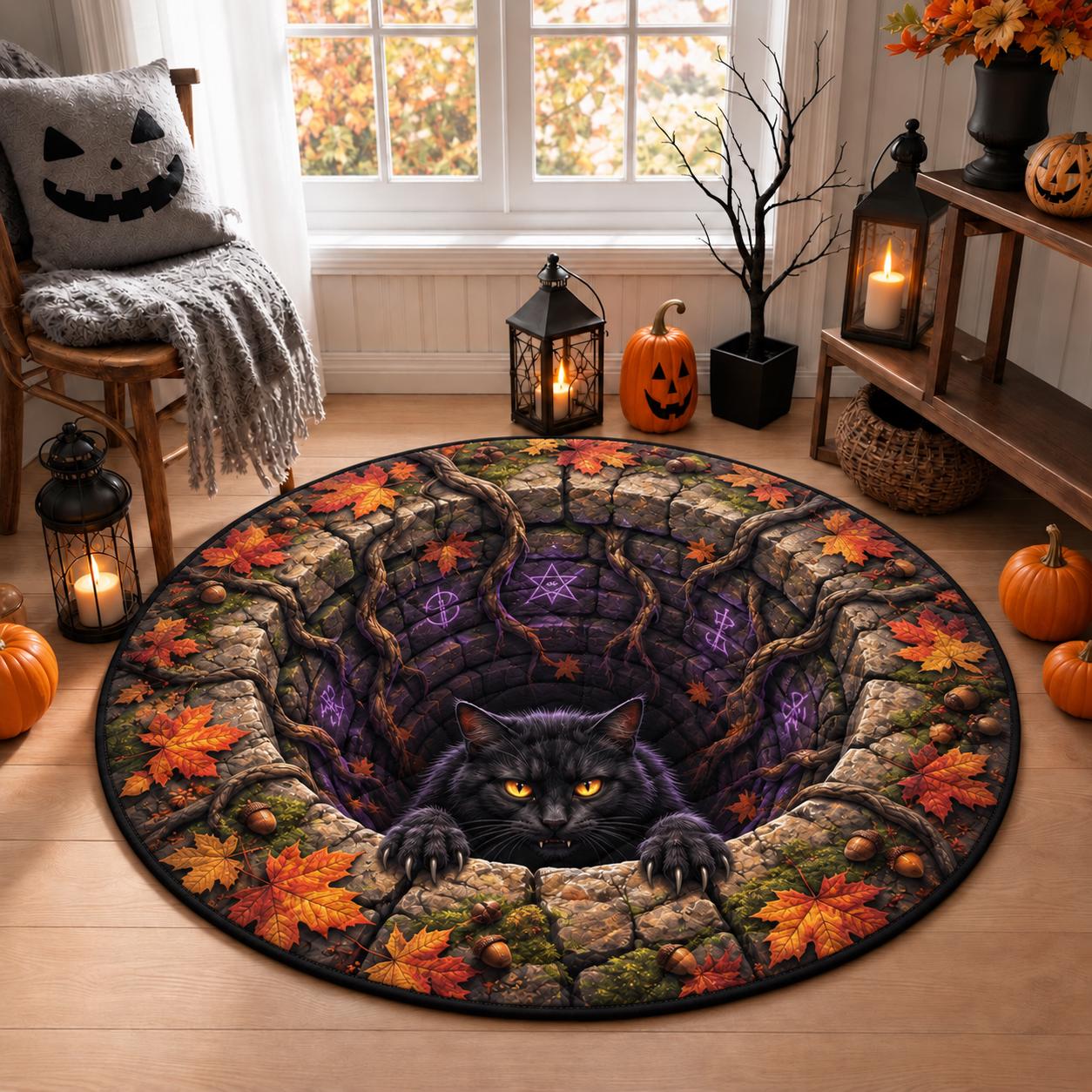 Round Rug with Black Cat Halloween 3D Illusion Witchy Well Floor Mat and Quilted Style for Spooky Autumn Home Decor for Cat Lovers - photo 3