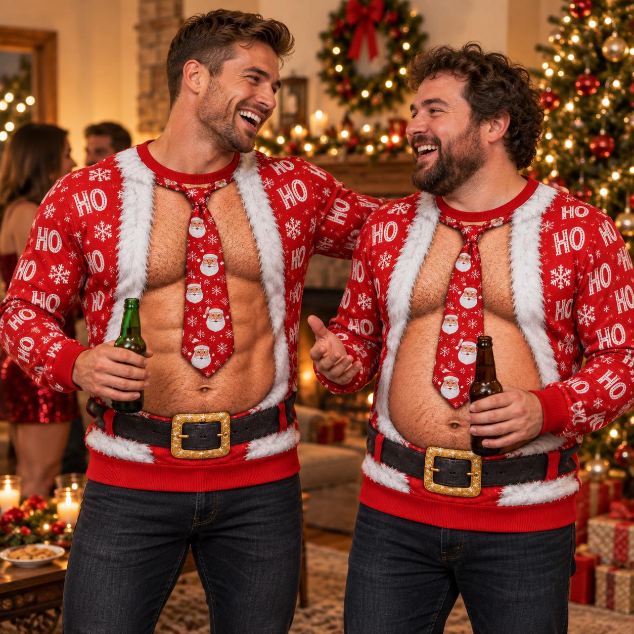 Ugly Christmas Sweater Sweatshirt with Funny Santa Hairy Chest and Ho Ho Ho Tie Body Illusion for Men Xmas Party Gag Gift