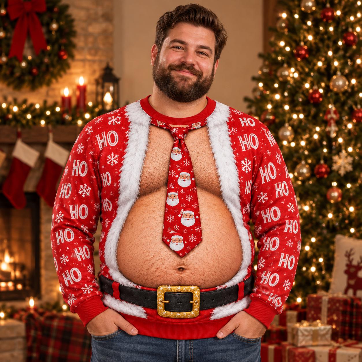 Ugly Christmas Sweater Sweatshirt with Funny Santa Hairy Chest and Ho Ho Ho Tie Body Illusion for Men Xmas Party Gag Gift - photo 2