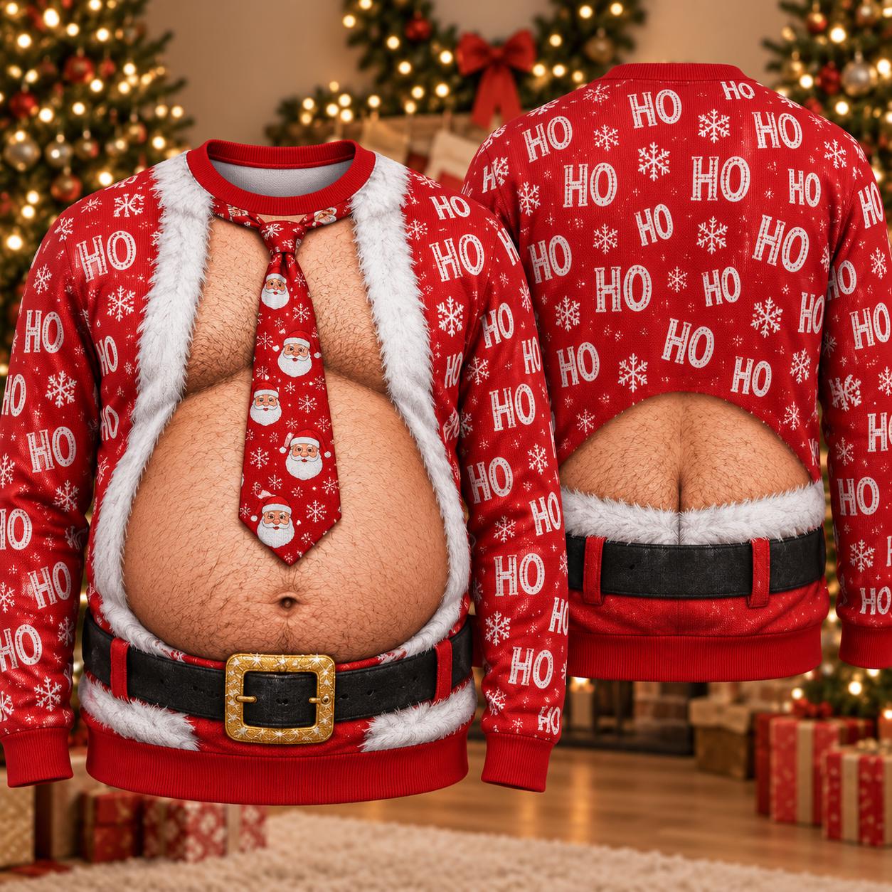 Ugly Christmas Sweater Sweatshirt with Funny Santa Hairy Chest and Ho Ho Ho Tie Body Illusion for Men Xmas Party Gag Gift - photo 3