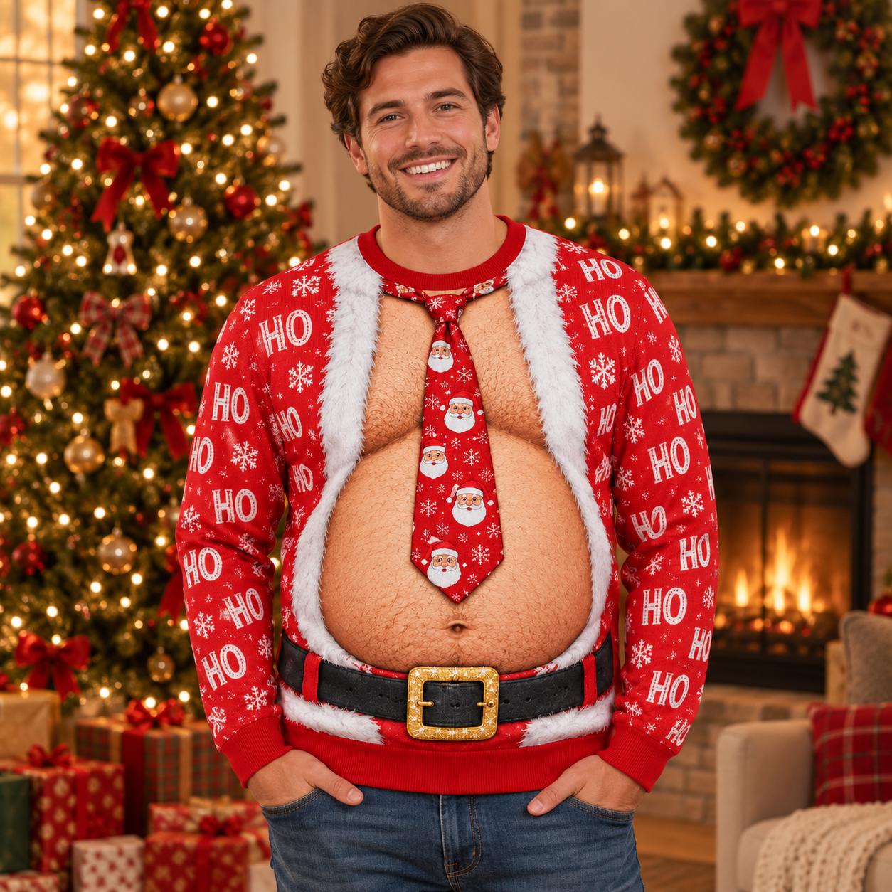 Ugly Christmas Sweater Sweatshirt with Funny Santa Hairy Chest and Ho Ho Ho Tie Body Illusion for Men Xmas Party Gag Gift - photo 4
