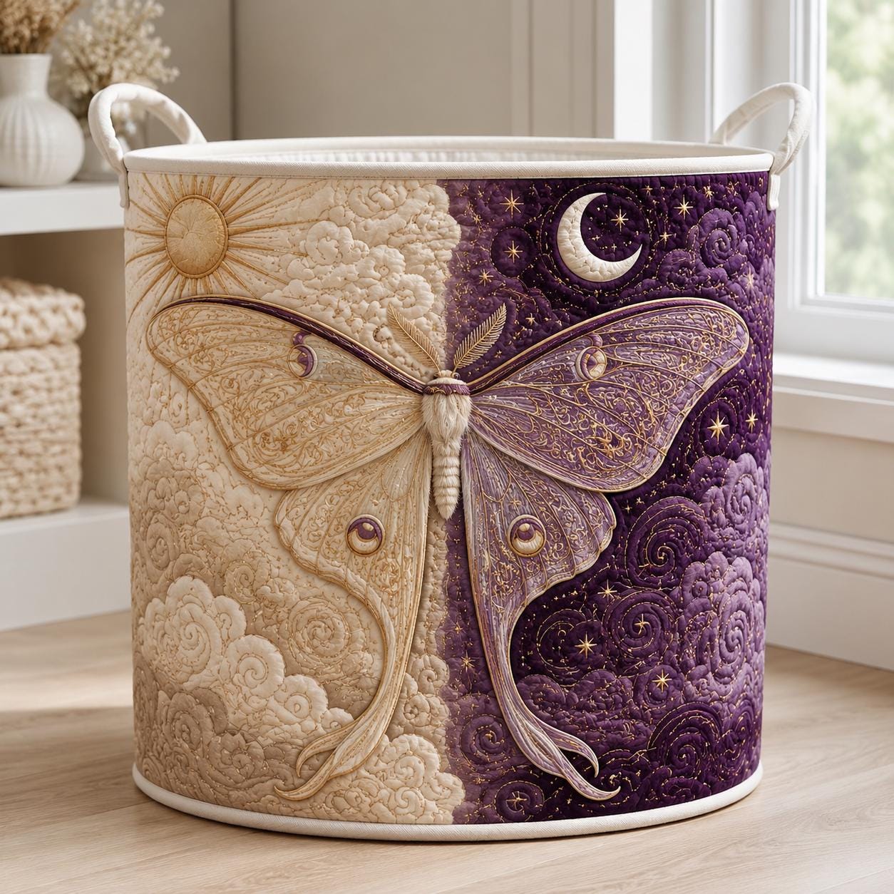 Celestial Moth Laundry Basket with Witchy Sun Moon Hamper, Quilted Purple Storage Bin for Gothic Boho Laundry Organizer and Mystical Home Decor