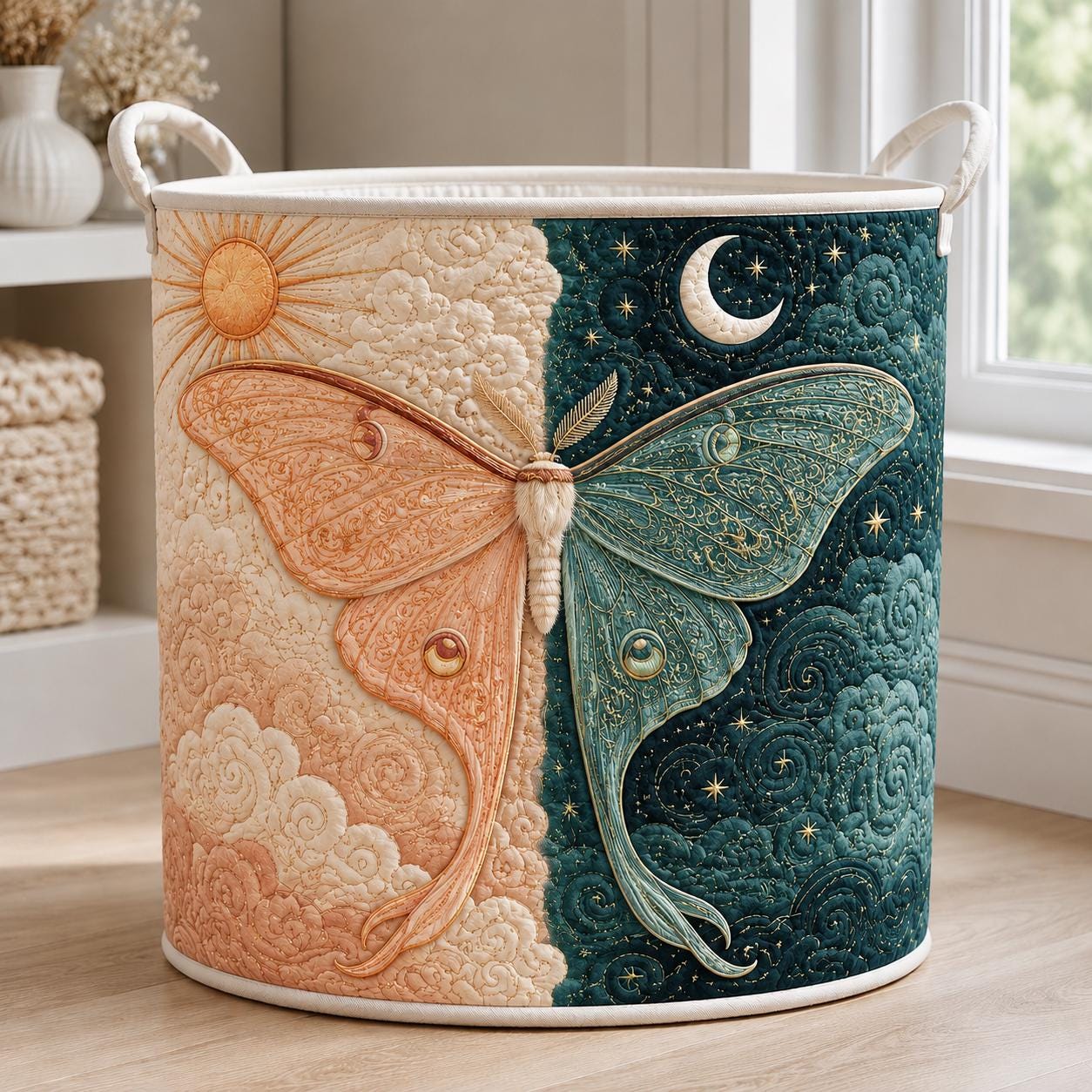 Celestial Moth Laundry Basket with Witchy Sun Moon Hamper, Quilted Purple Storage Bin for Gothic Boho Laundry Organizer and Mystical Home Decor - photo 2