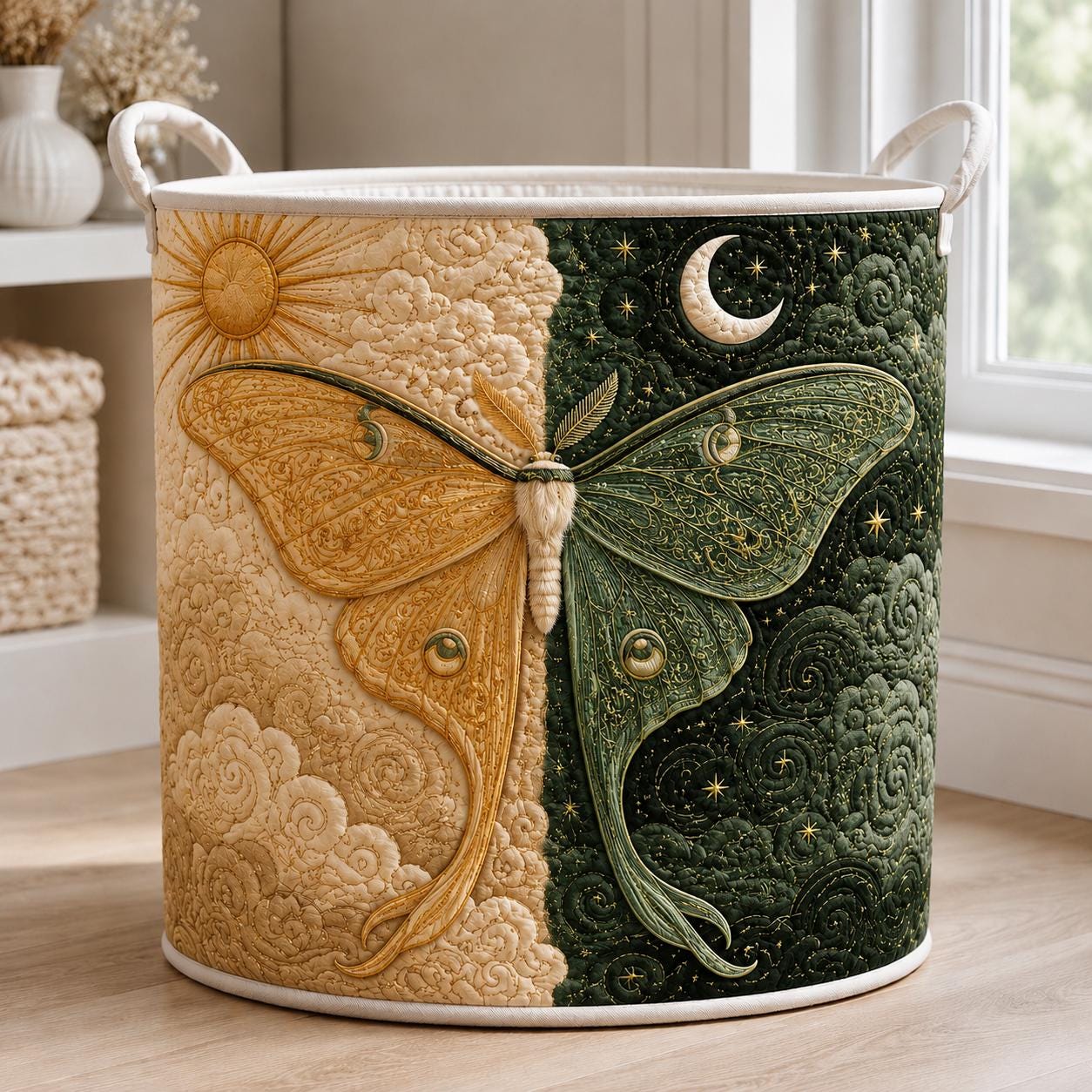 Celestial Moth Laundry Basket with Witchy Sun Moon Hamper, Quilted Purple Storage Bin for Gothic Boho Laundry Organizer and Mystical Home Decor - photo 3
