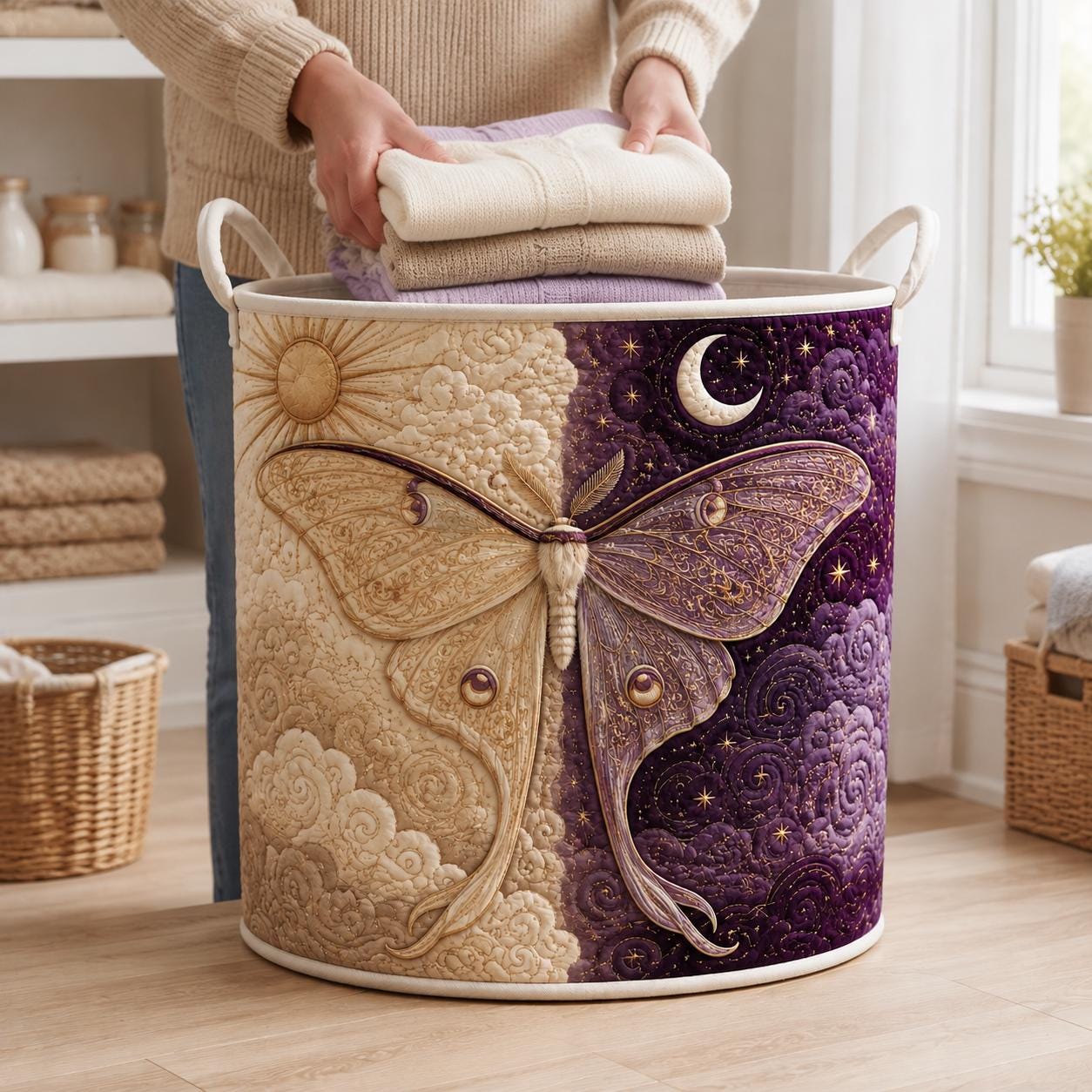 Celestial Moth Laundry Basket with Witchy Sun Moon Hamper, Quilted Purple Storage Bin for Gothic Boho Laundry Organizer and Mystical Home Decor - photo 6