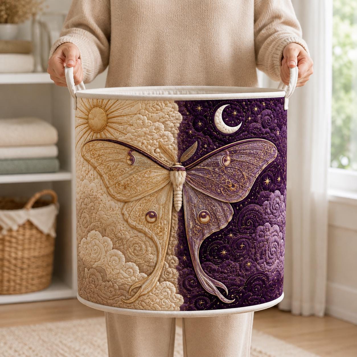 Celestial Moth Laundry Basket with Witchy Sun Moon Hamper, Quilted Purple Storage Bin for Gothic Boho Laundry Organizer and Mystical Home Decor - photo 7