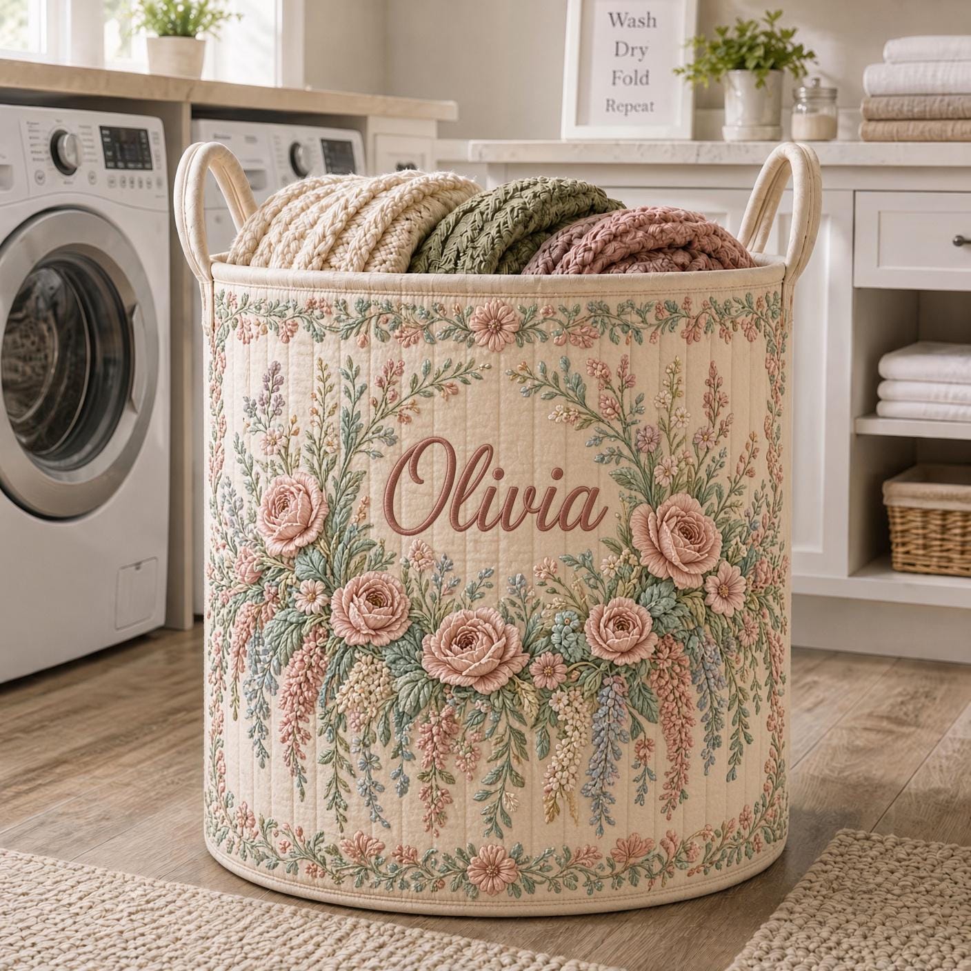 Personalized Floral Laundry Basket with Quilt Style Hamper Name and Rose Flower Storage Bin for Custom Laundry Room Gift