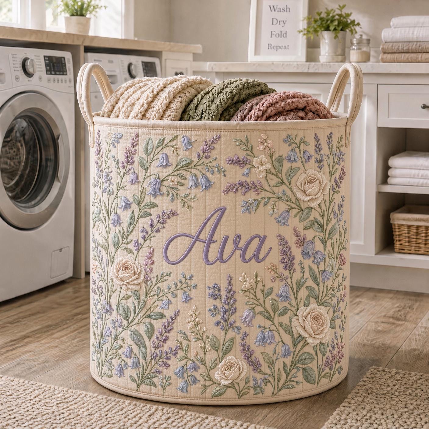 Personalized Floral Laundry Basket with Quilt Style Hamper Name and Rose Flower Storage Bin for Custom Laundry Room Gift - photo 2