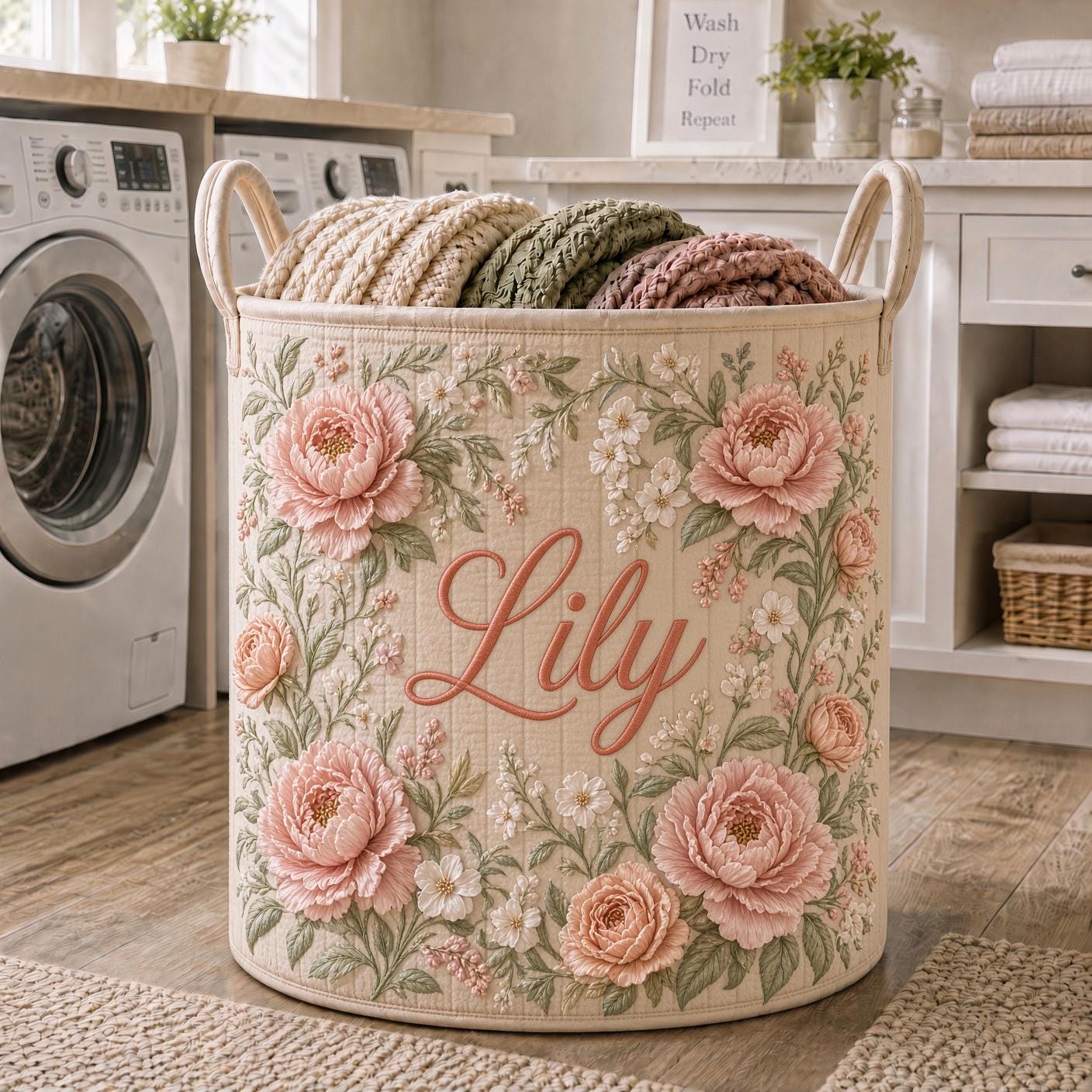 Personalized Floral Laundry Basket with Quilt Style Hamper Name and Rose Flower Storage Bin for Custom Laundry Room Gift - photo 3
