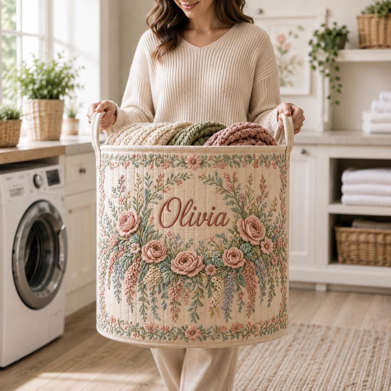 Personalized Floral Laundry Basket with Quilt Style Hamper Name and Rose Flower Storage Bin for Custom Laundry Room Gift - photo 6