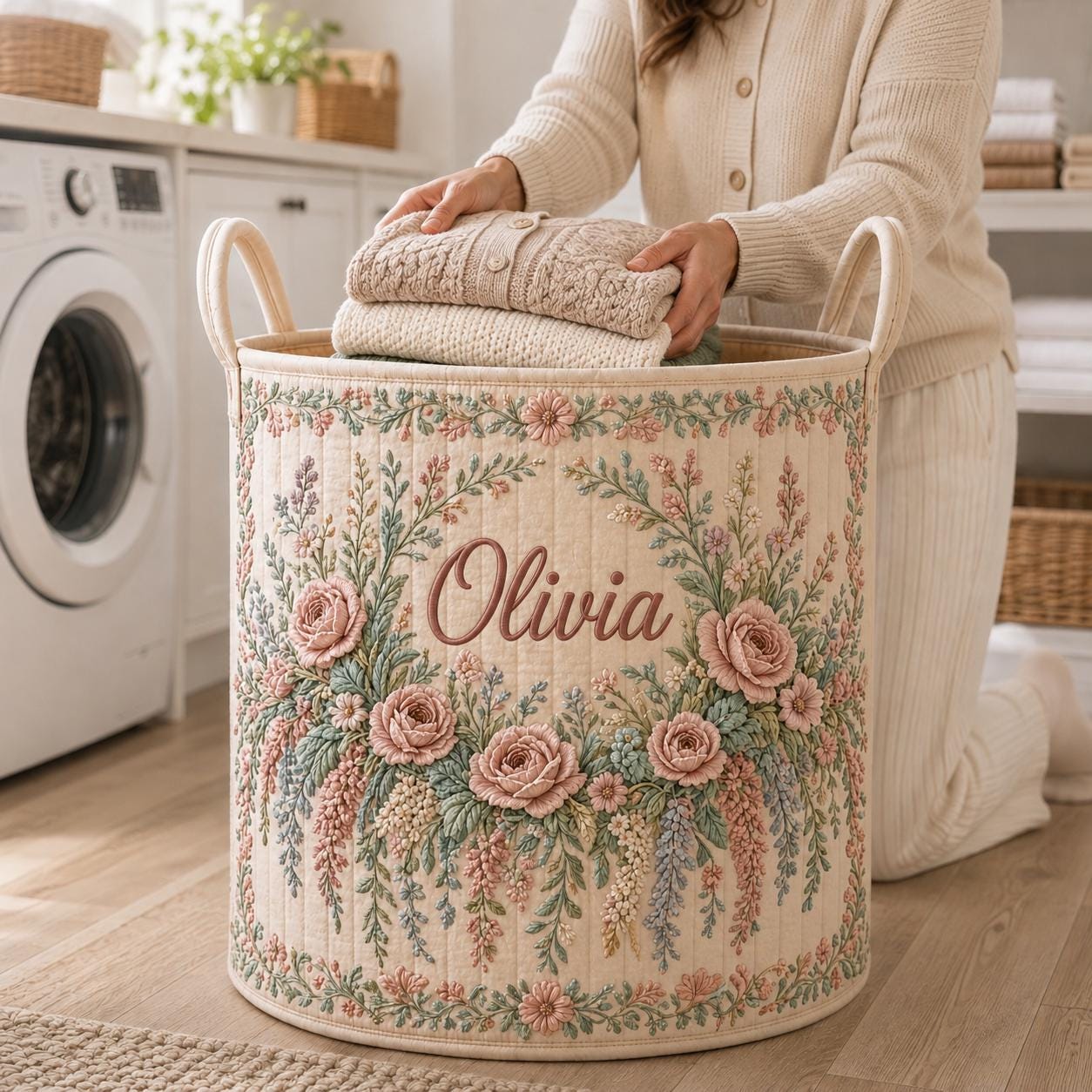 Personalized Floral Laundry Basket with Quilt Style Hamper Name and Rose Flower Storage Bin for Custom Laundry Room Gift - photo 7