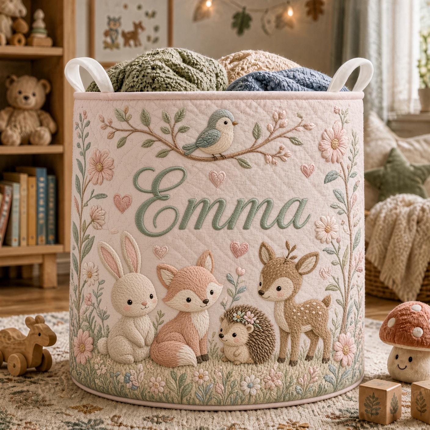 Personalized Woodland Animal Laundry Basket with Quilt Style Nursery Hamper and Name, Fox Bunny Deer Storage Bin for Custom Baby Gift