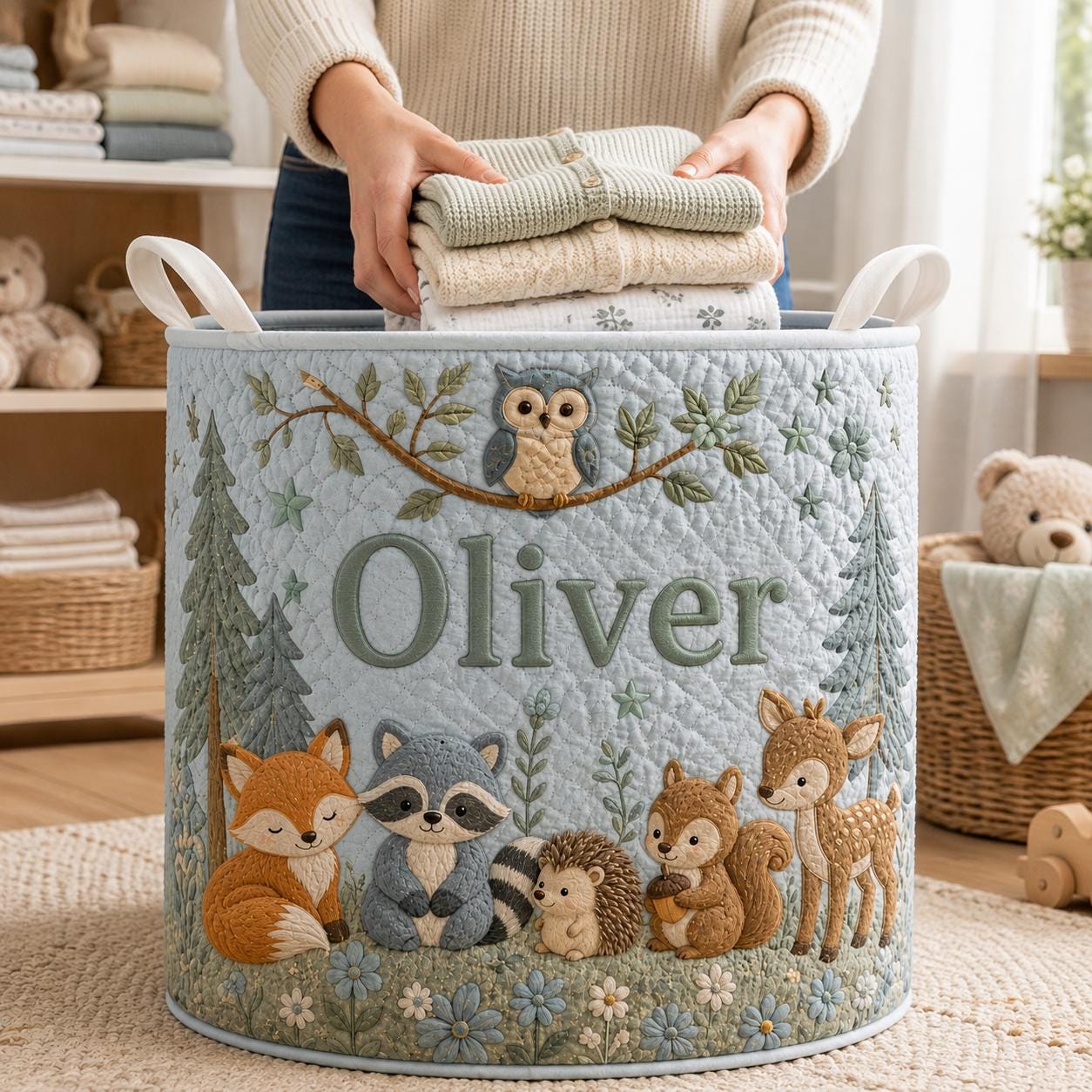 Personalized Woodland Animal Laundry Basket with Quilt Style Nursery Hamper and Name, Fox Bunny Deer Storage Bin for Custom Baby Gift - photo 2