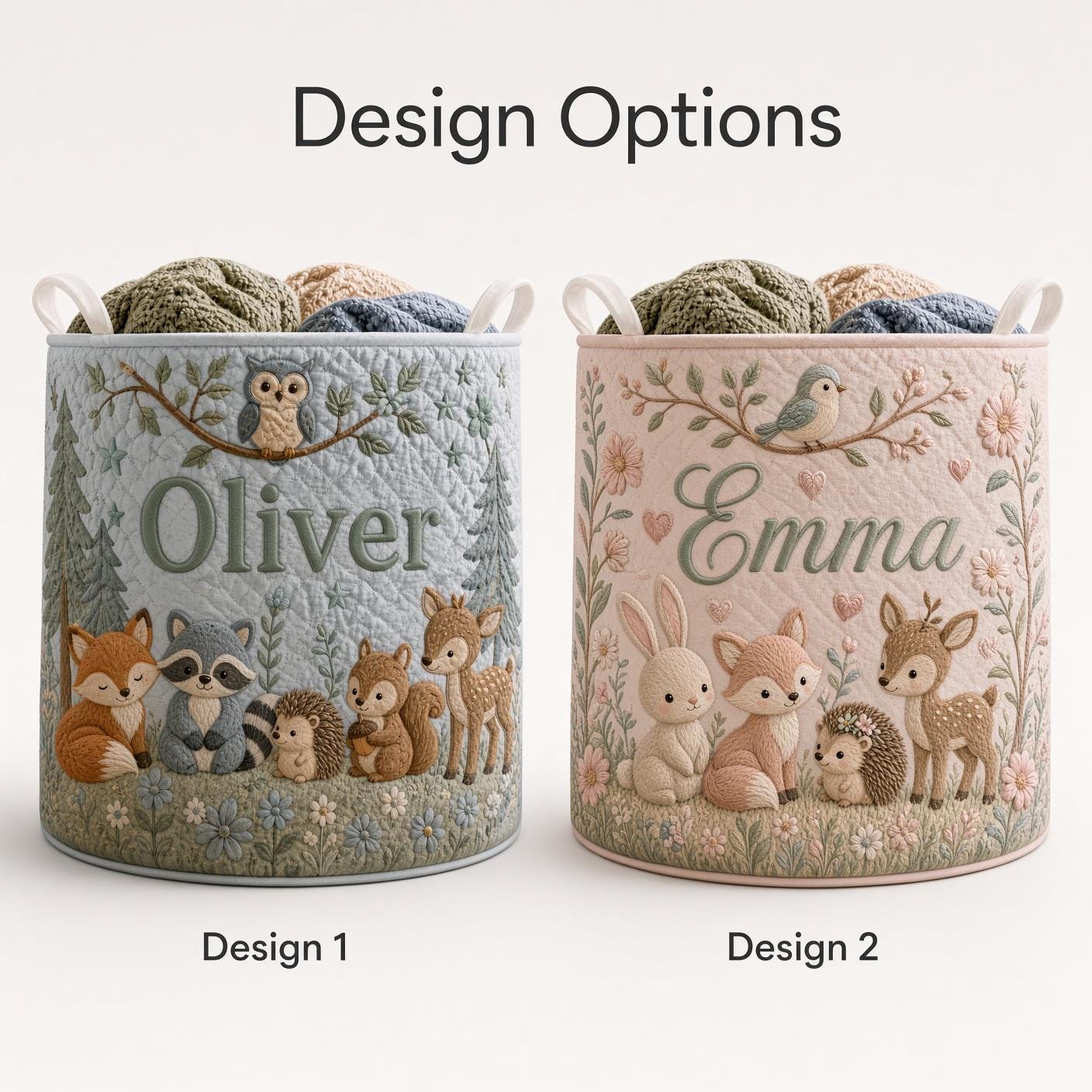 Personalized Woodland Animal Laundry Basket with Quilt Style Nursery Hamper and Name, Fox Bunny Deer Storage Bin for Custom Baby Gift - photo 3