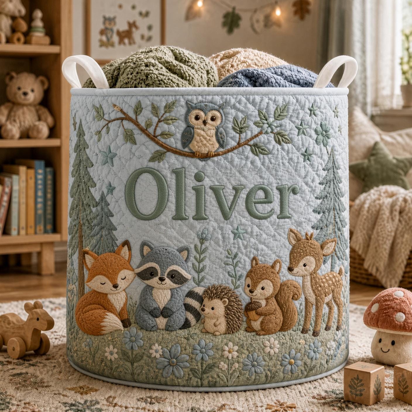 Personalized Woodland Animal Laundry Basket with Quilt Style Nursery Hamper and Name, Fox Bunny Deer Storage Bin for Custom Baby Gift - photo 5