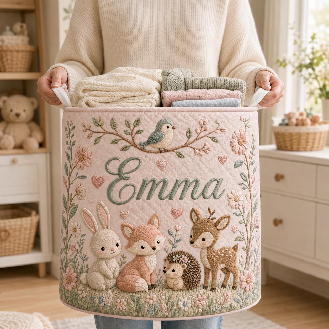 Personalized Woodland Animal Laundry Basket with Quilt Style Nursery Hamper and Name, Fox Bunny Deer Storage Bin for Custom Baby Gift - photo 6