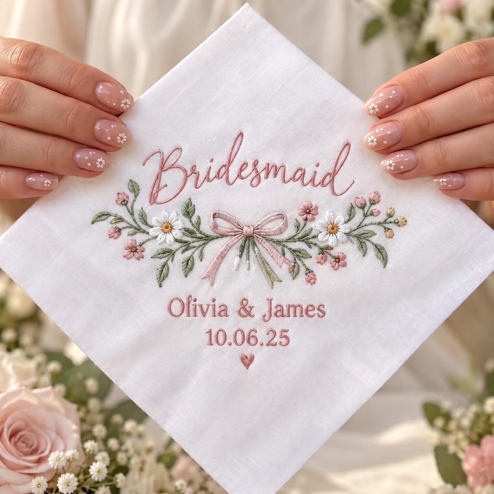 Personalized Embroidered Bridesmaid Handkerchief with Custom Names Wedding Date Hanky and Pink Floral Gift Keepsake