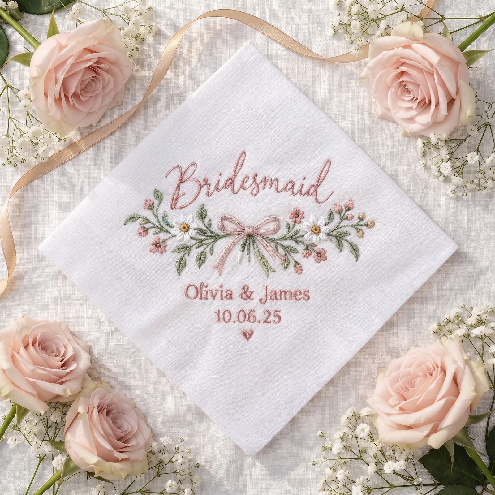 Personalized Embroidered Bridesmaid Handkerchief with Custom Names Wedding Date Hanky and Pink Floral Gift Keepsake - photo 5