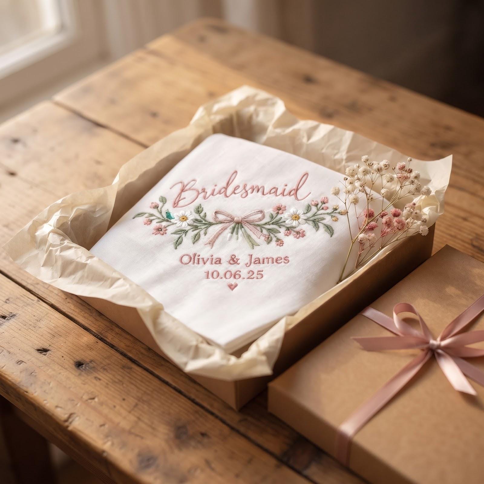 Personalized Embroidered Bridesmaid Handkerchief with Custom Names Wedding Date Hanky and Pink Floral Gift Keepsake - photo 6