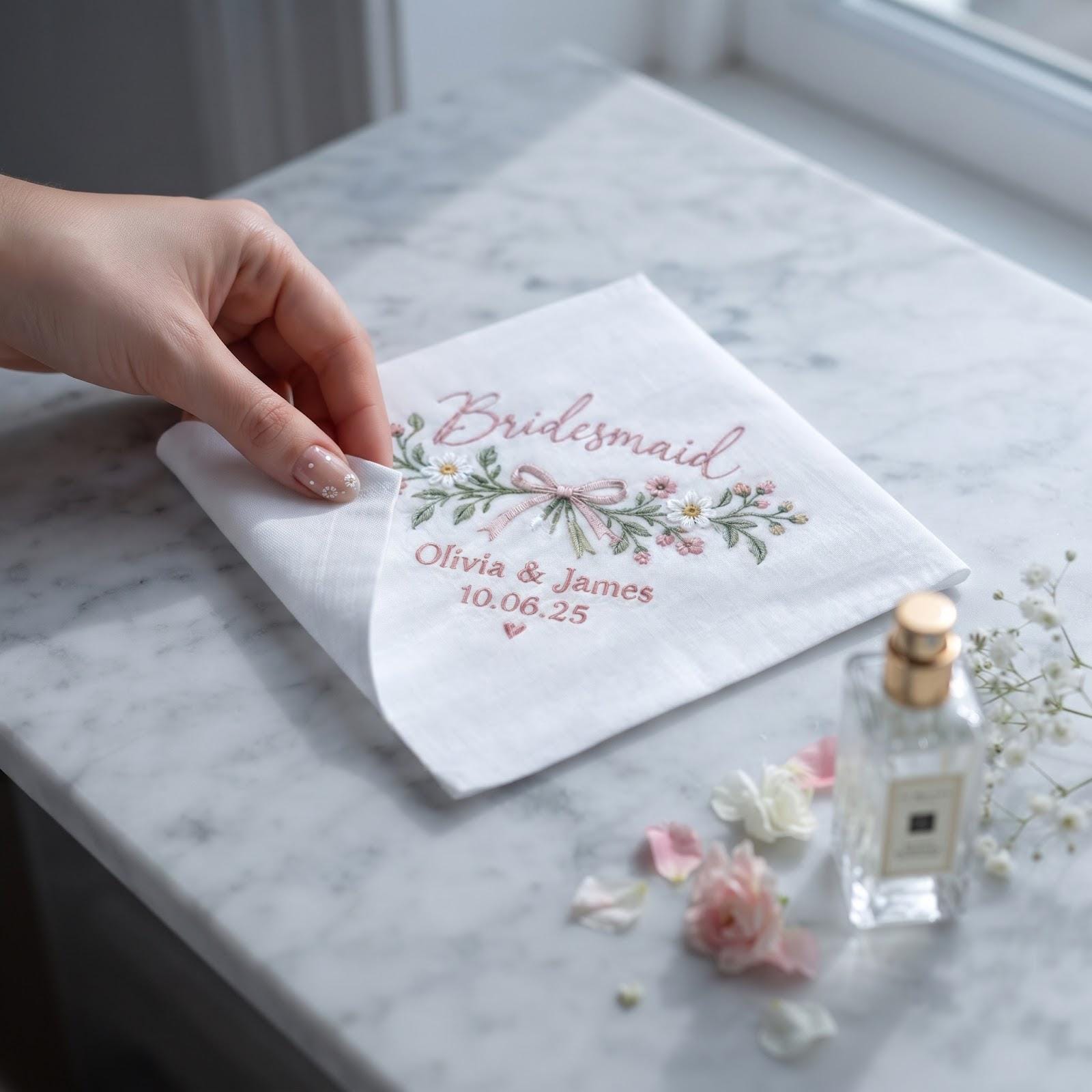 Personalized Embroidered Bridesmaid Handkerchief with Custom Names Wedding Date Hanky and Pink Floral Gift Keepsake - photo 8