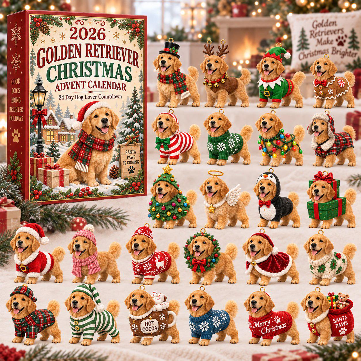 24 Days Golden Retriever Lover Advent Calendar 2026 with Husky Corgi Christmas Pet Blind Box Charm Set and Puppy Kitty Countdown Gift
