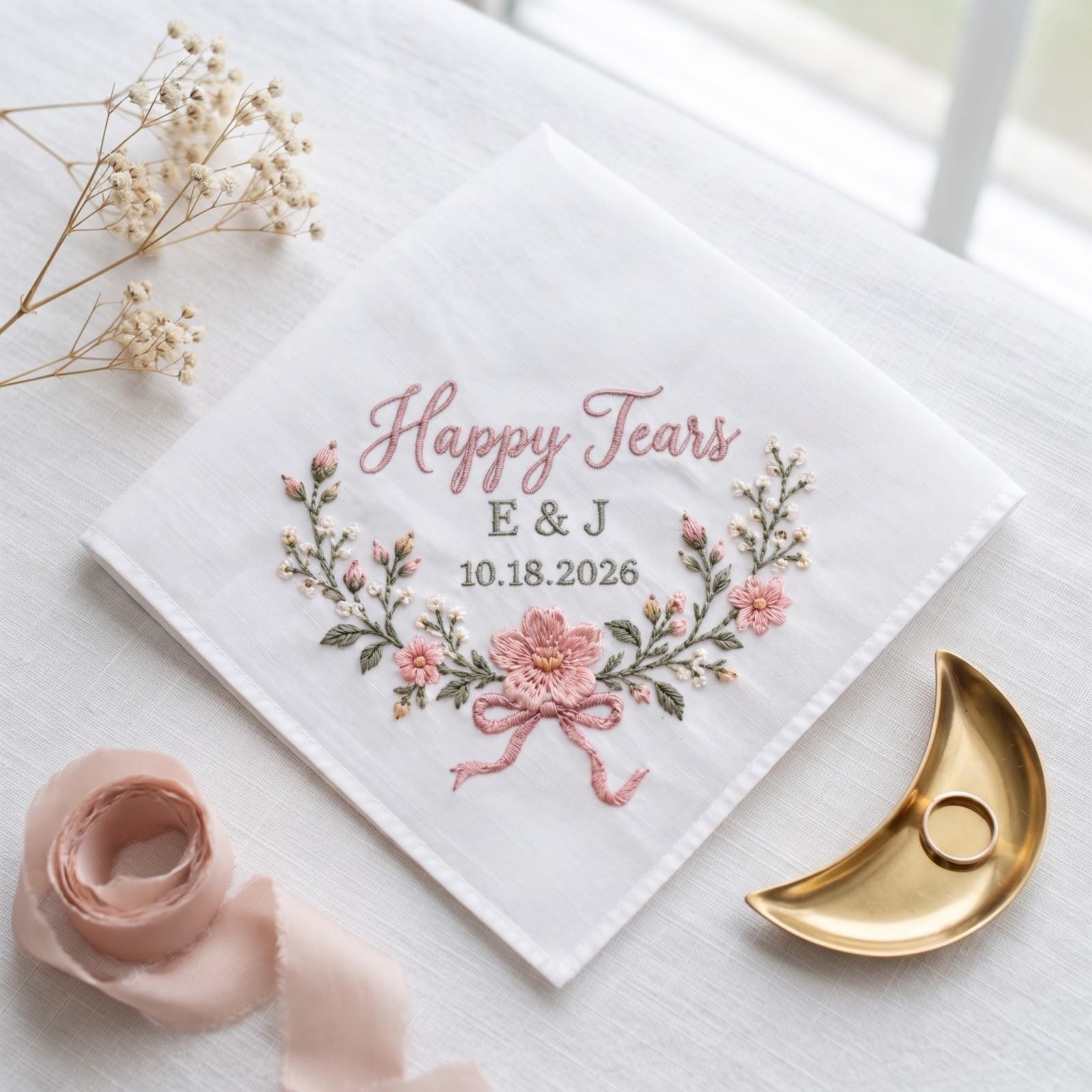 Personalized Embroidered Handkerchief with Happy Tears and Floral Bride Gift, Custom Initials and Wedding Date Hanky for Wedding Day Keepsake