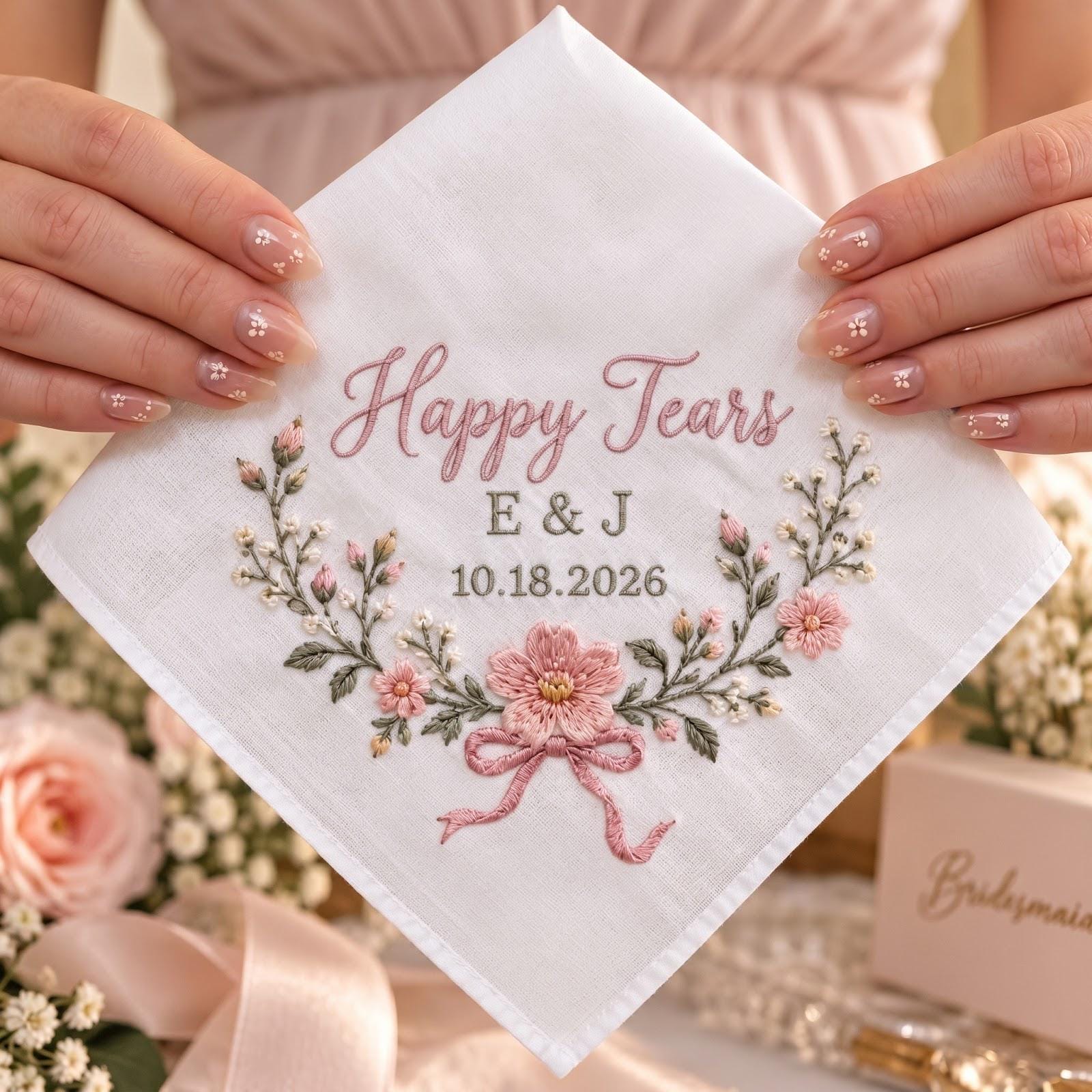 Personalized Embroidered Handkerchief with Happy Tears and Floral Bride Gift, Custom Initials and Wedding Date Hanky for Wedding Day Keepsake - photo 2