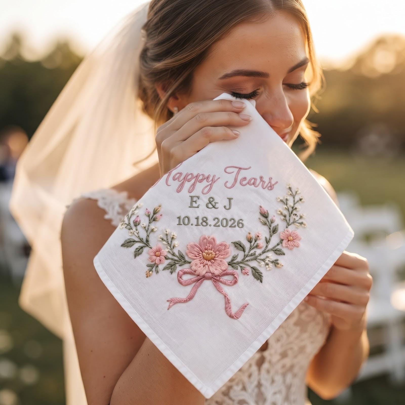 Personalized Embroidered Handkerchief with Happy Tears and Floral Bride Gift, Custom Initials and Wedding Date Hanky for Wedding Day Keepsake - photo 6