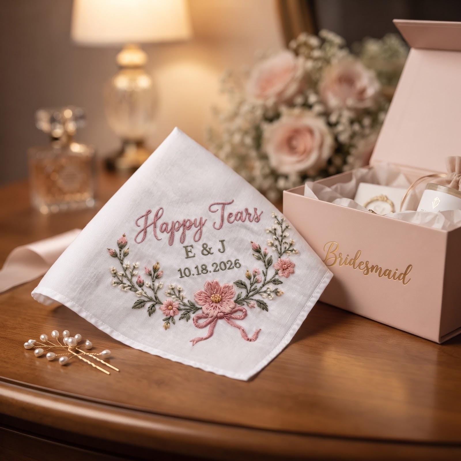 Personalized Embroidered Handkerchief with Happy Tears and Floral Bride Gift, Custom Initials and Wedding Date Hanky for Wedding Day Keepsake - photo 7