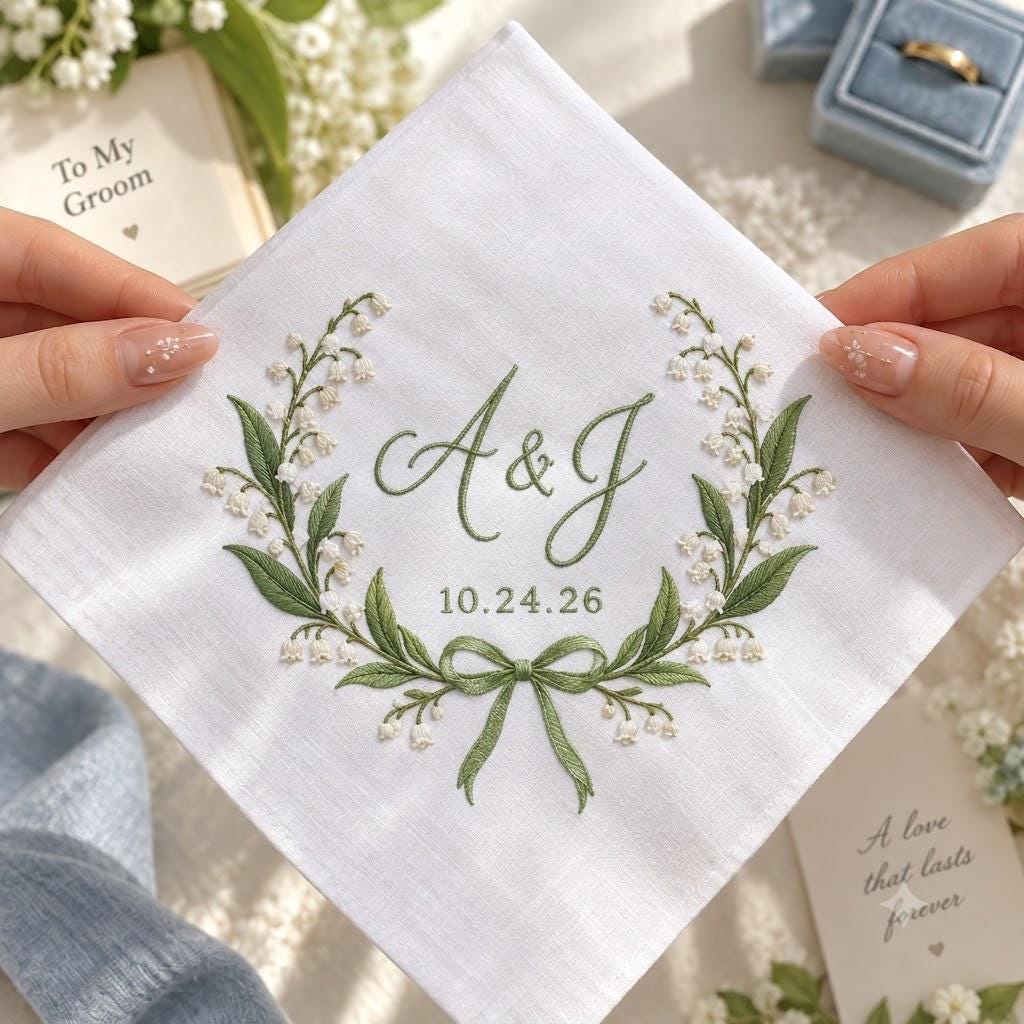 Personalized Embroidered Handkerchief with Lily of the Valley Initials Hanky, Custom Couple Initials and Date for Bride Groom Keepsake, Wedding