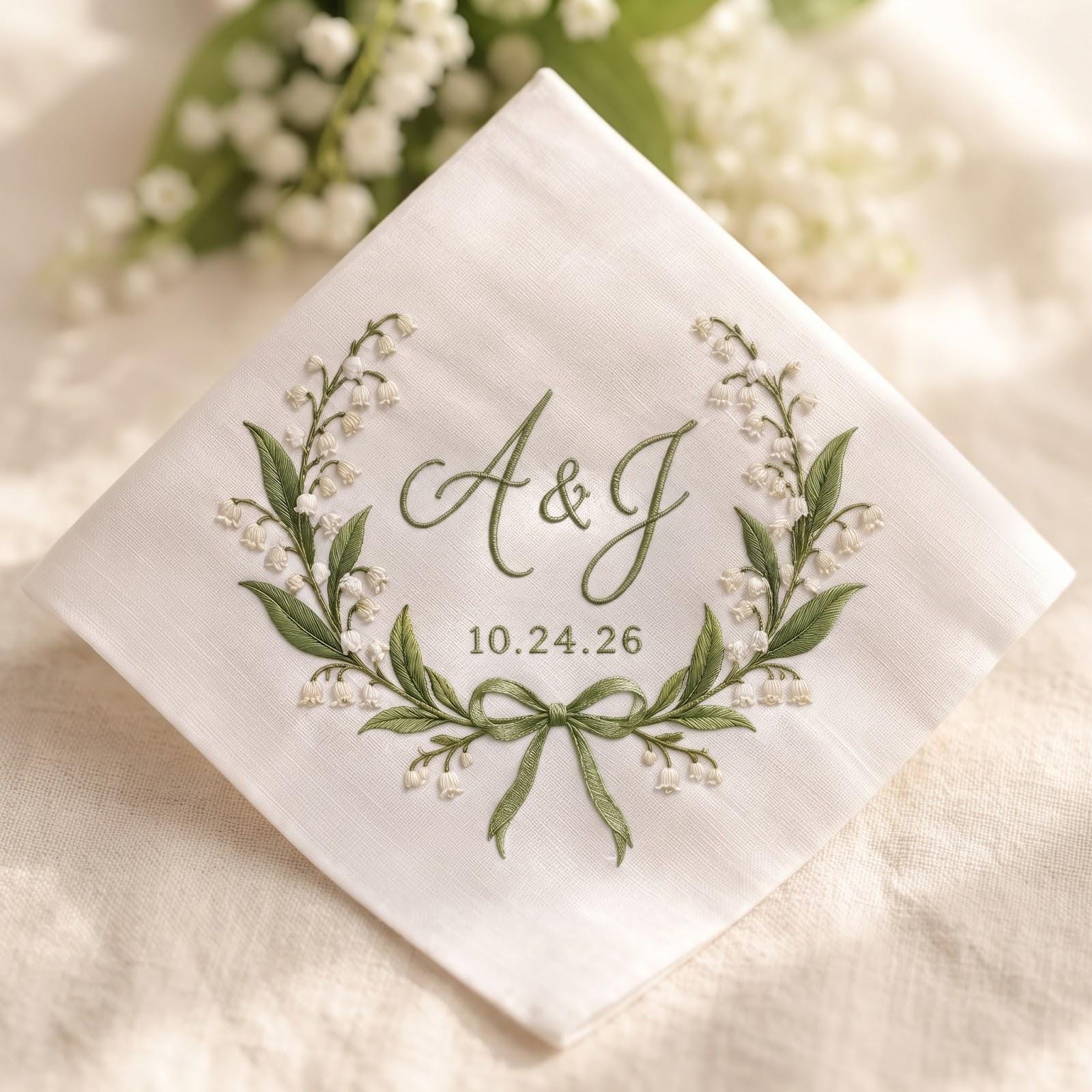 Personalized Embroidered Handkerchief with Lily of the Valley Initials Hanky, Custom Couple Initials and Date for Bride Groom Keepsake, Wedding - photo 2