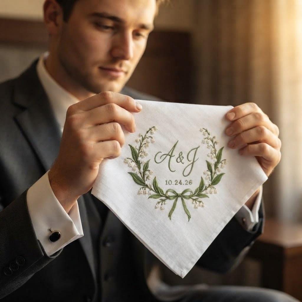 Personalized Embroidered Handkerchief with Lily of the Valley Initials Hanky, Custom Couple Initials and Date for Bride Groom Keepsake, Wedding - photo 6