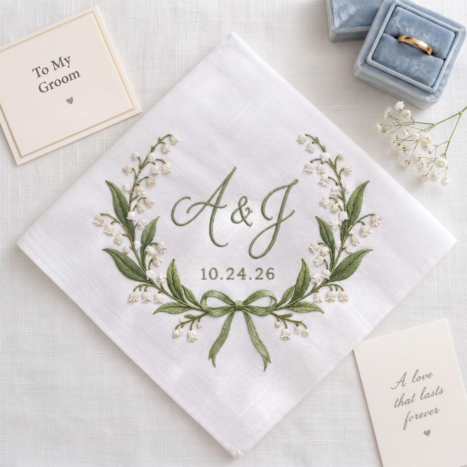 Personalized Embroidered Handkerchief with Lily of the Valley Initials Hanky, Custom Couple Initials and Date for Bride Groom Keepsake, Wedding - photo 7