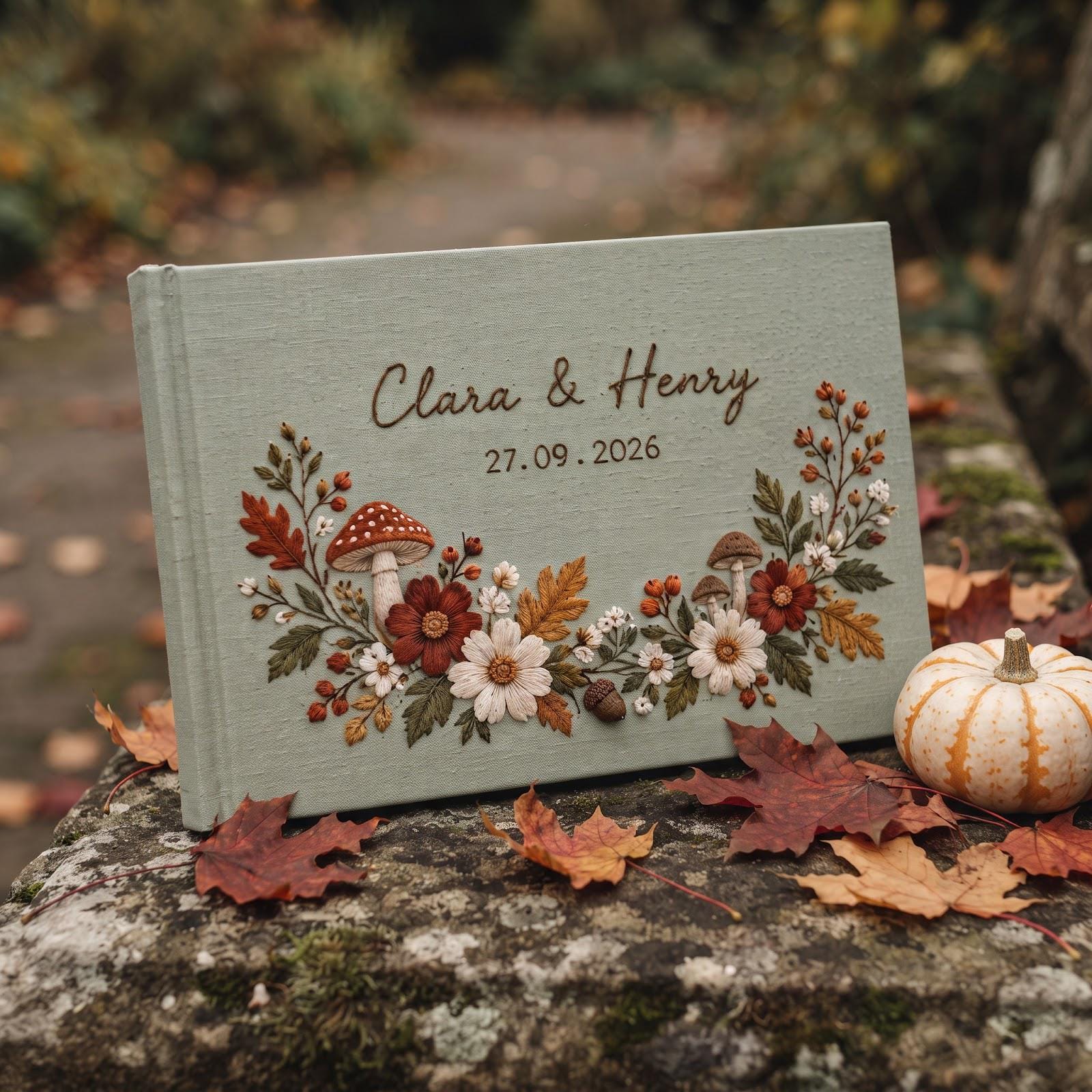 Personalized Embroidered Guest Book with Autumn Wildflower Mushroom Guestbook, Custom Couple Names and Date for Fall Wedding Keepsake