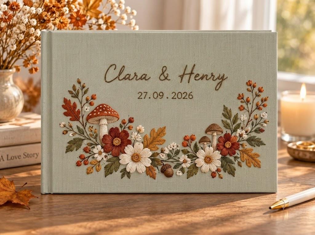 Personalized Embroidered Guest Book with Autumn Wildflower Mushroom Guestbook, Custom Couple Names and Date for Fall Wedding Keepsake - photo 2