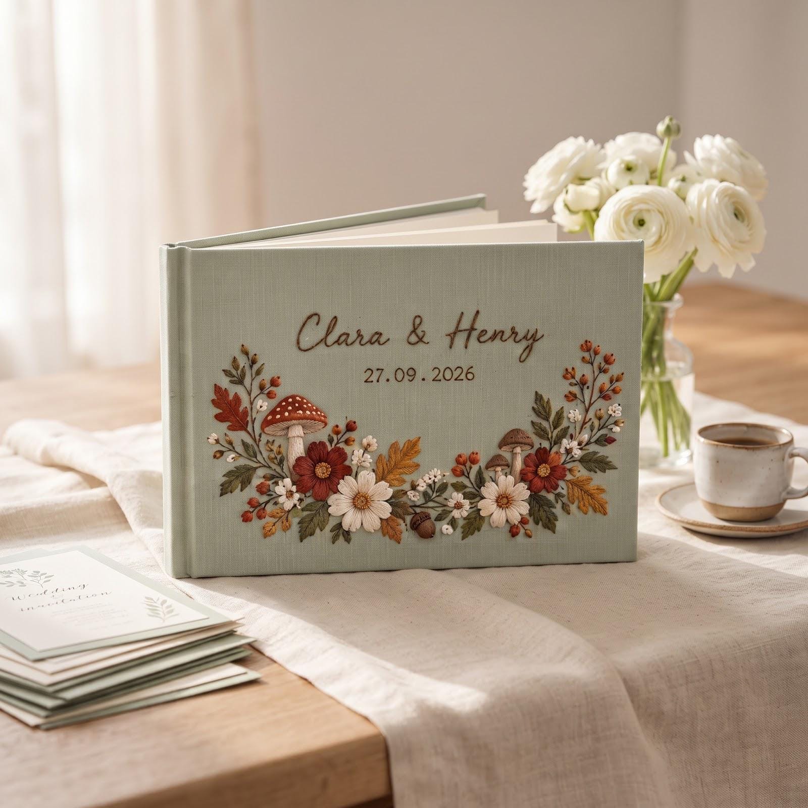 Personalized Embroidered Guest Book with Autumn Wildflower Mushroom Guestbook, Custom Couple Names and Date for Fall Wedding Keepsake - photo 3