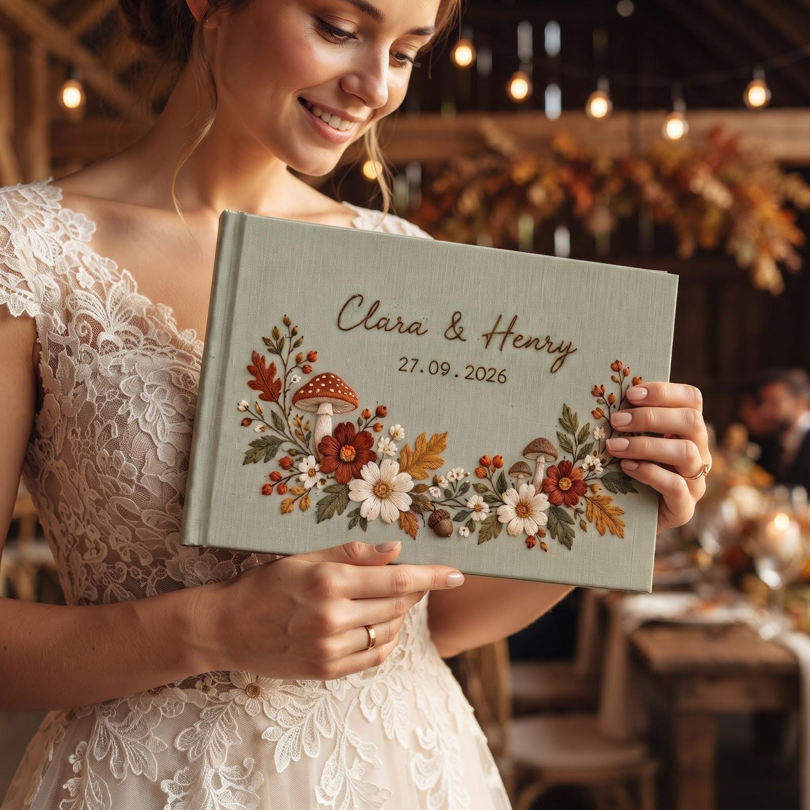 Personalized Embroidered Guest Book with Autumn Wildflower Mushroom Guestbook, Custom Couple Names and Date for Fall Wedding Keepsake - photo 8