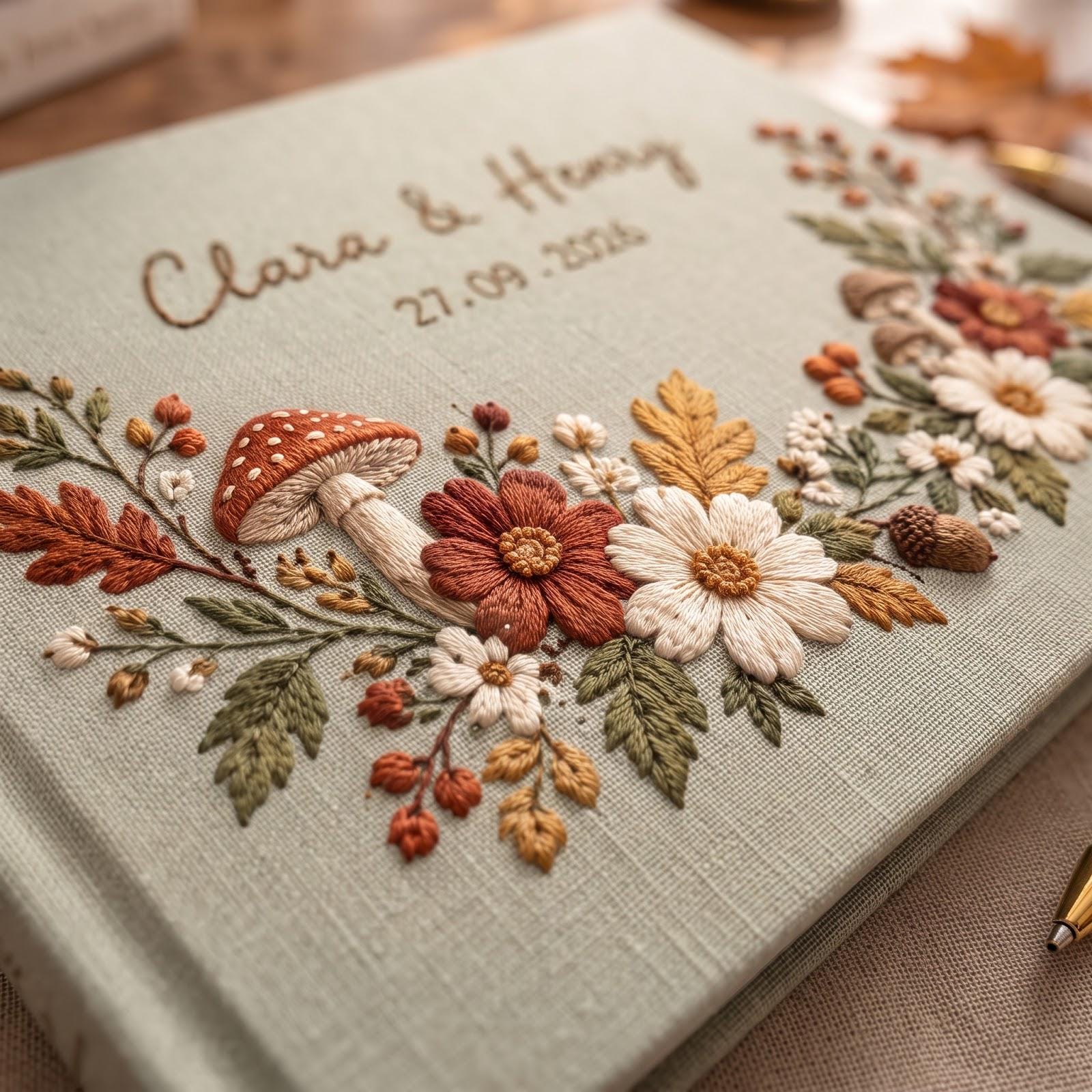 Personalized Embroidered Guest Book with Autumn Wildflower Mushroom Guestbook, Custom Couple Names and Date for Fall Wedding Keepsake - photo 9